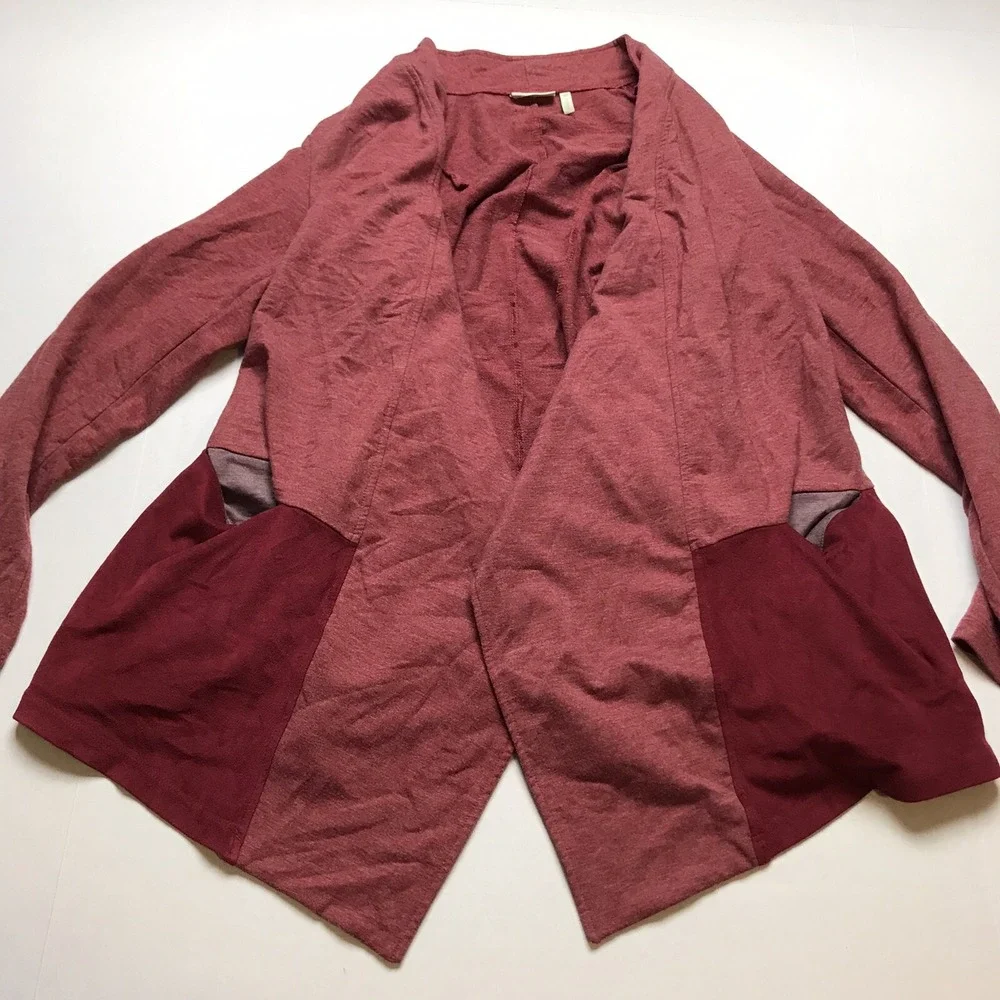 LOGO By Lori Goldstein Red French Terry Cardigan Faux Suade Hem Sz XS A783